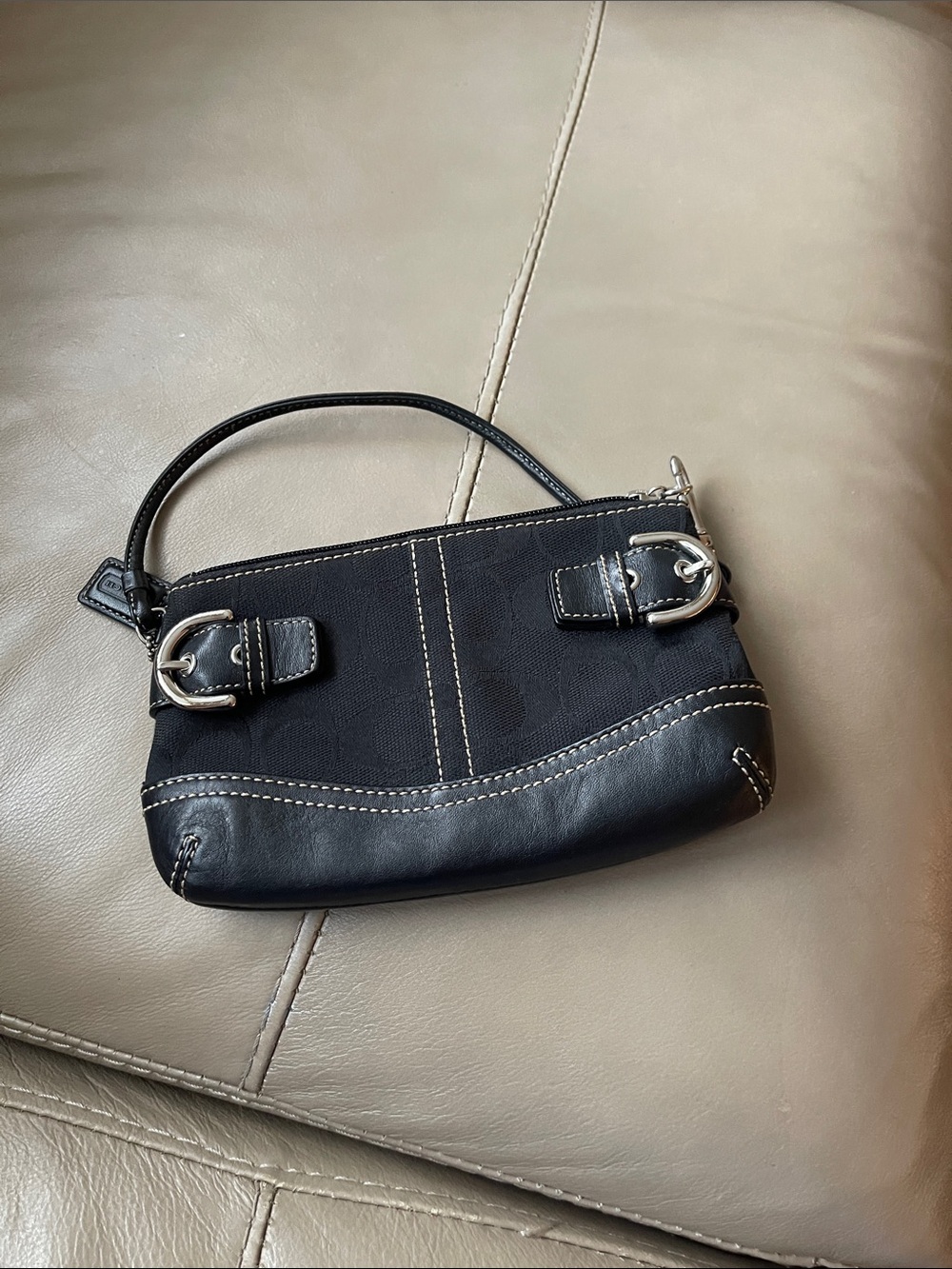 Coach Black Wristlet Clutch with Silver Buckle Detail